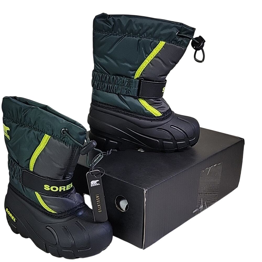 Sorel Flurry Toddler Size 9 Black & Green Waterproof Winter Snow Boots NEW